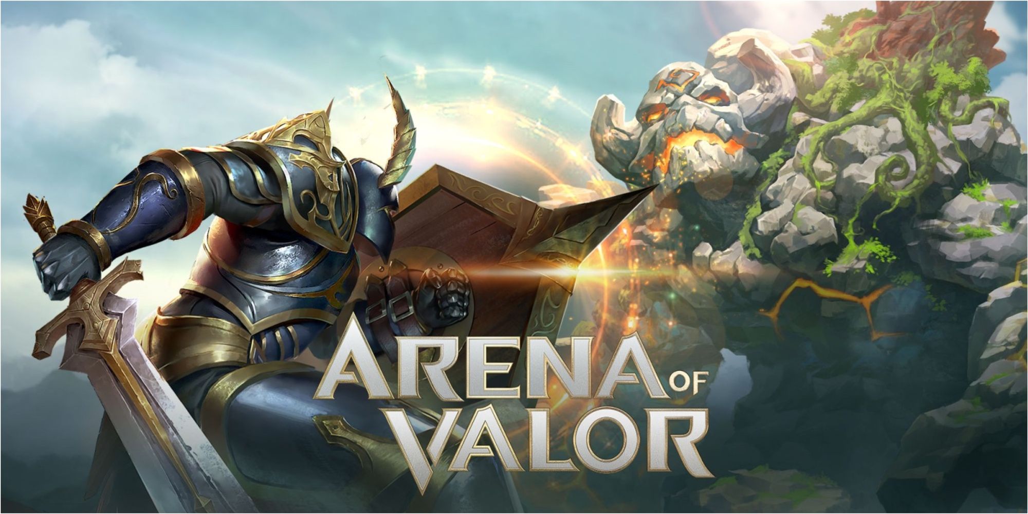 Official poster image of Arena of Valor showing a knight in front of a rock giant