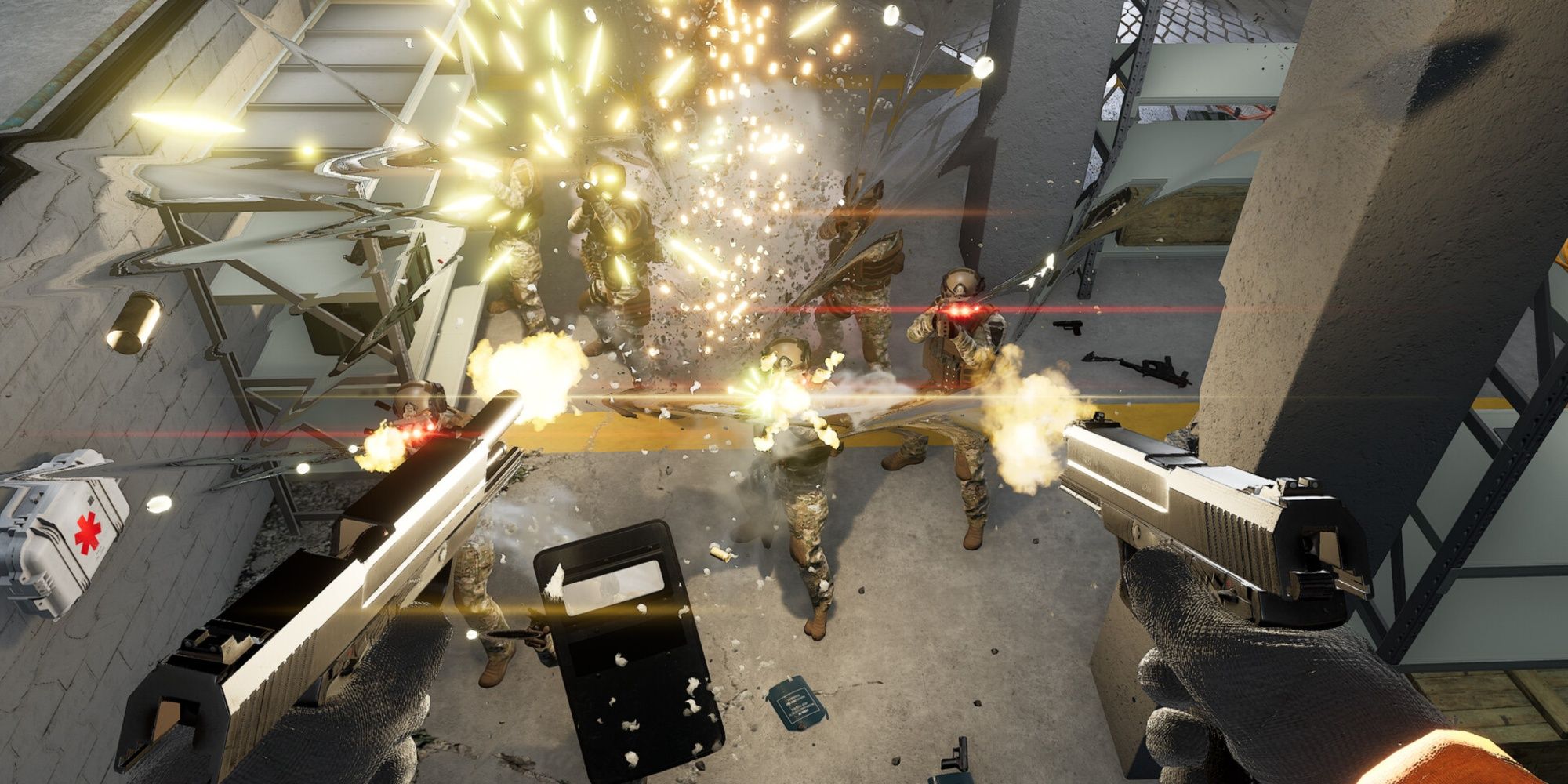 A first-person view of the player dual-wielding a group of armed mercenaries from above in Trepang2.