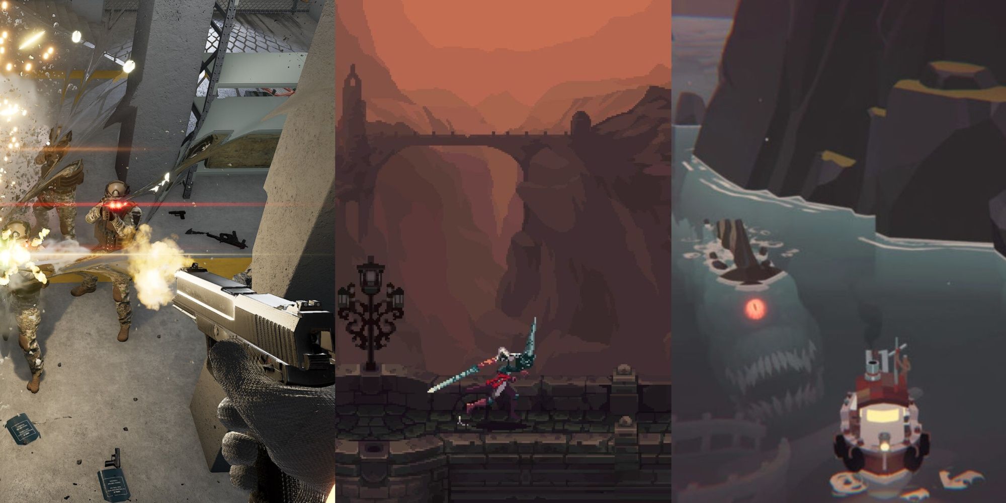 A three-image collage of the player shooting at guards with a handgun in Trepang2, the main character of Blasphemous running across a bridge platform, and the boat sailing in the river with a giant fish monster approaching in Dredge. 
