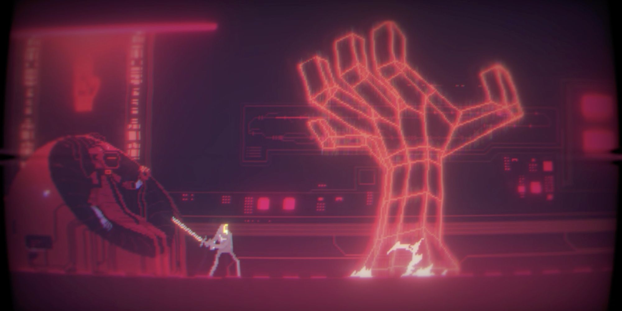 In a red digitized retro room, the main character in Narita Boy swings a sword at a digitized giant 3D hand.