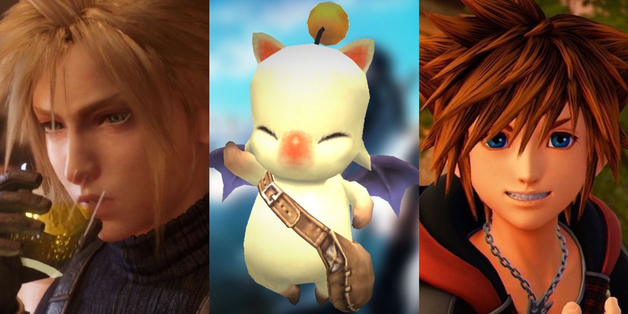 Cloud from Final Fantasy 7 Remake sipping a drink, a Moogle from Crisis Core with a satchel, and Sora smiling from Kingdom Hearts 3, left to right