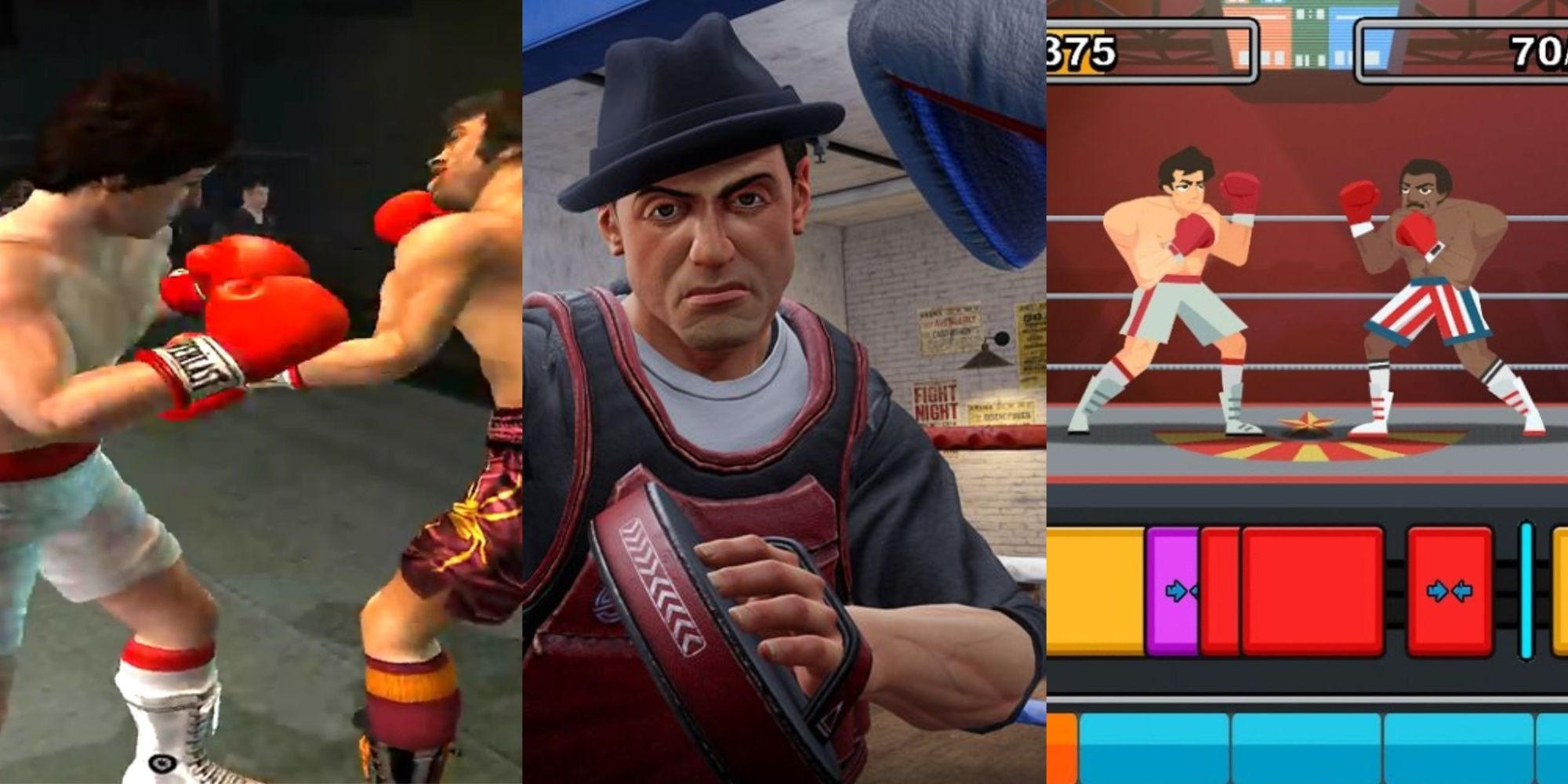 A split-image of Rocky punching an opponent in the ring from the PS2 2002 video game, a VR glove hitting Rocky in training in Creed: Rise to Glory, and a match between Rocky and Apollo in the mobile game.