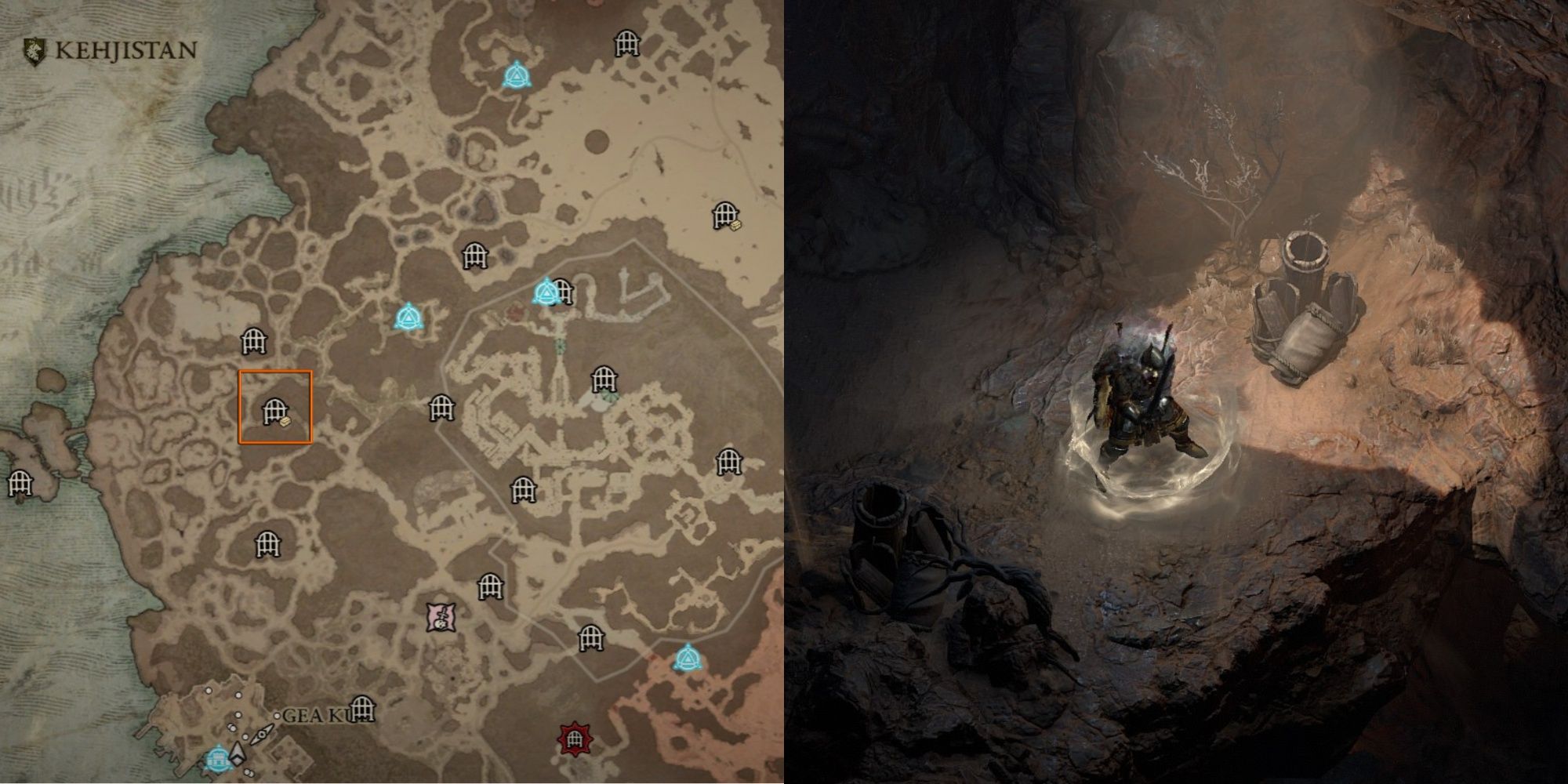 Location of Uldur's Cave Dungeon on the map and interior of Kehjistan in Diablo 4