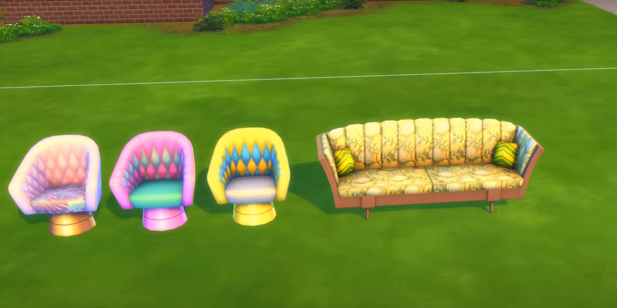 Sims 4 Decor To The Max Kit chair and sofa image.  This photo shows three chair samples and a yellow sofa version.