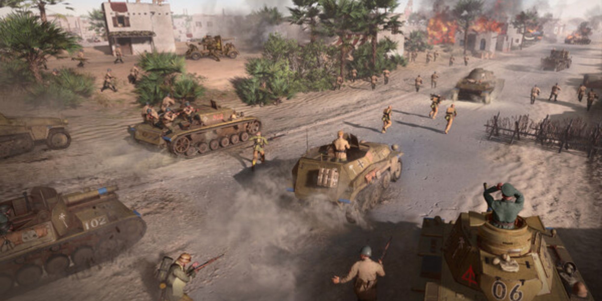 company of heroes 3 the afrikakorps faction attacks a village in the desert