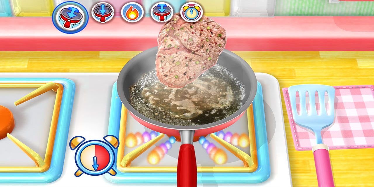 Cooking Mama Cuisine game showing steak flipping in a skillet in a cozy house, instructions are listed at the top of the screen