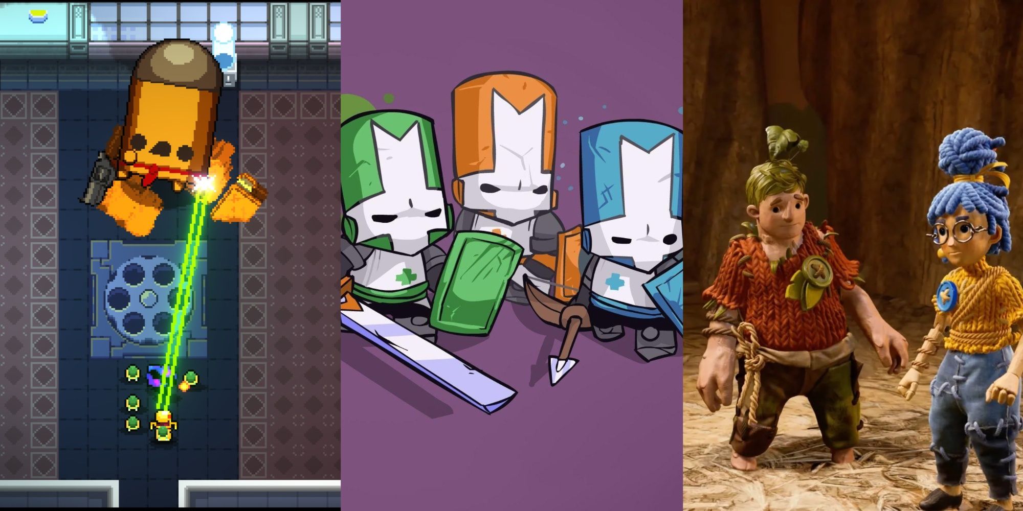 A Skeleton fights a giant bullet, characters from Castle Crashers, and Cody and May from It Takes Two
