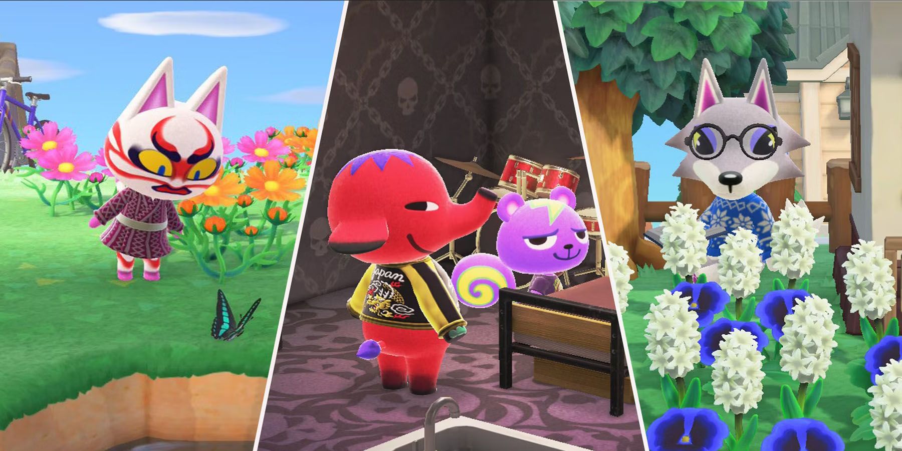 A collage of three grumpy villagers, including Kabuki, a Japanese cat with distinct facial markings who gazes intently at a butterfly, Cyd, a red elephant who smugly looks on at band practice, and Fang, a gray fox who appreciates flowers.