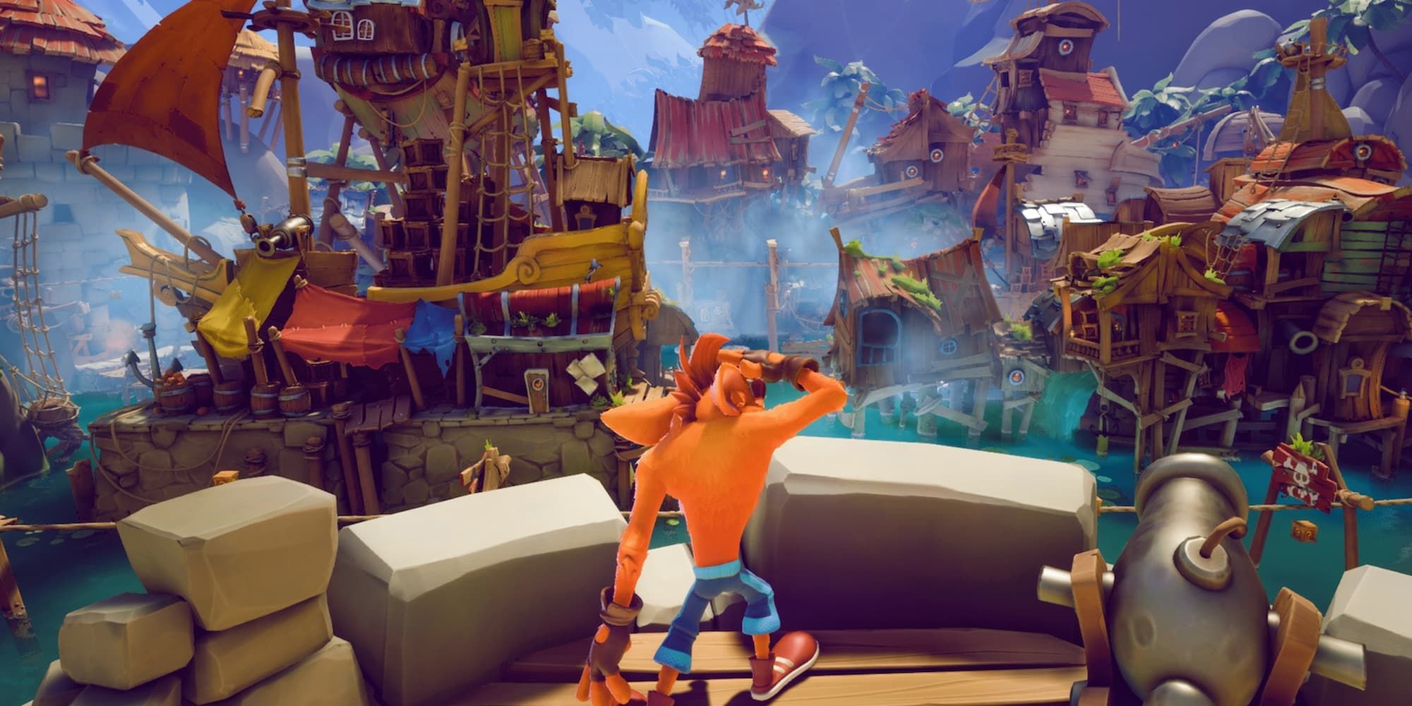 Crash Bandicoot overlooks a city of pirate ships in the bay in Crash Bandicoot 4: It's High Time.