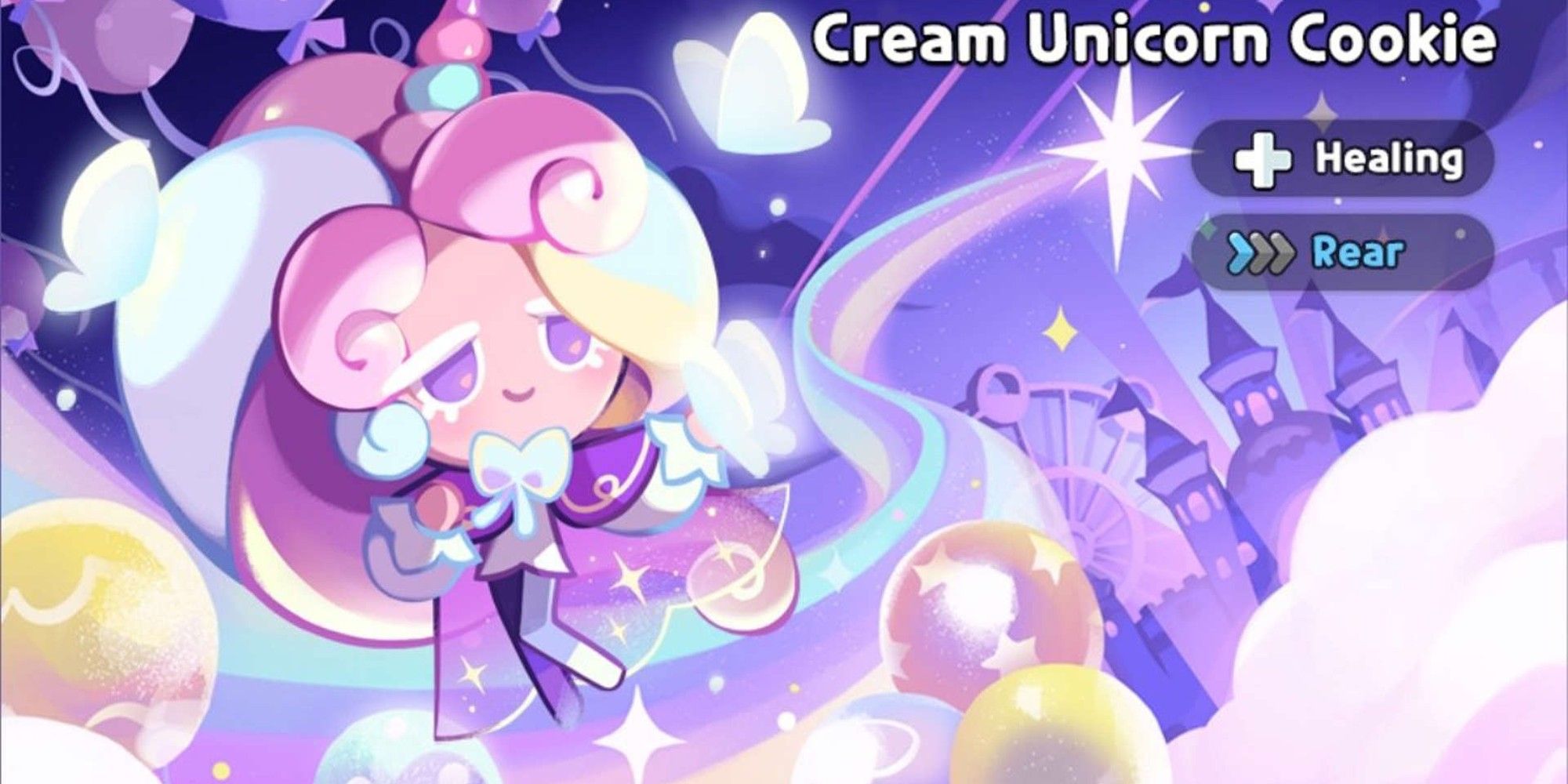 Cream Unicorn Cookie stands among the clouds with a magical kingdom in the background