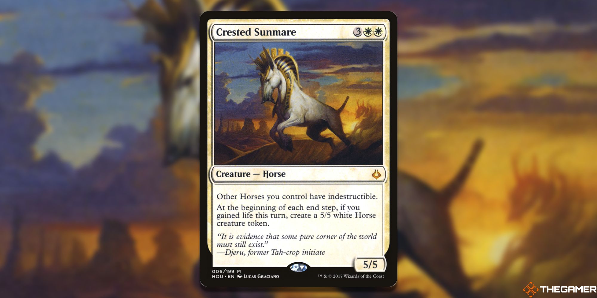 An image of the Crested Sunmare card in Magic: The Gathering, with artwork by Lucas Gracian