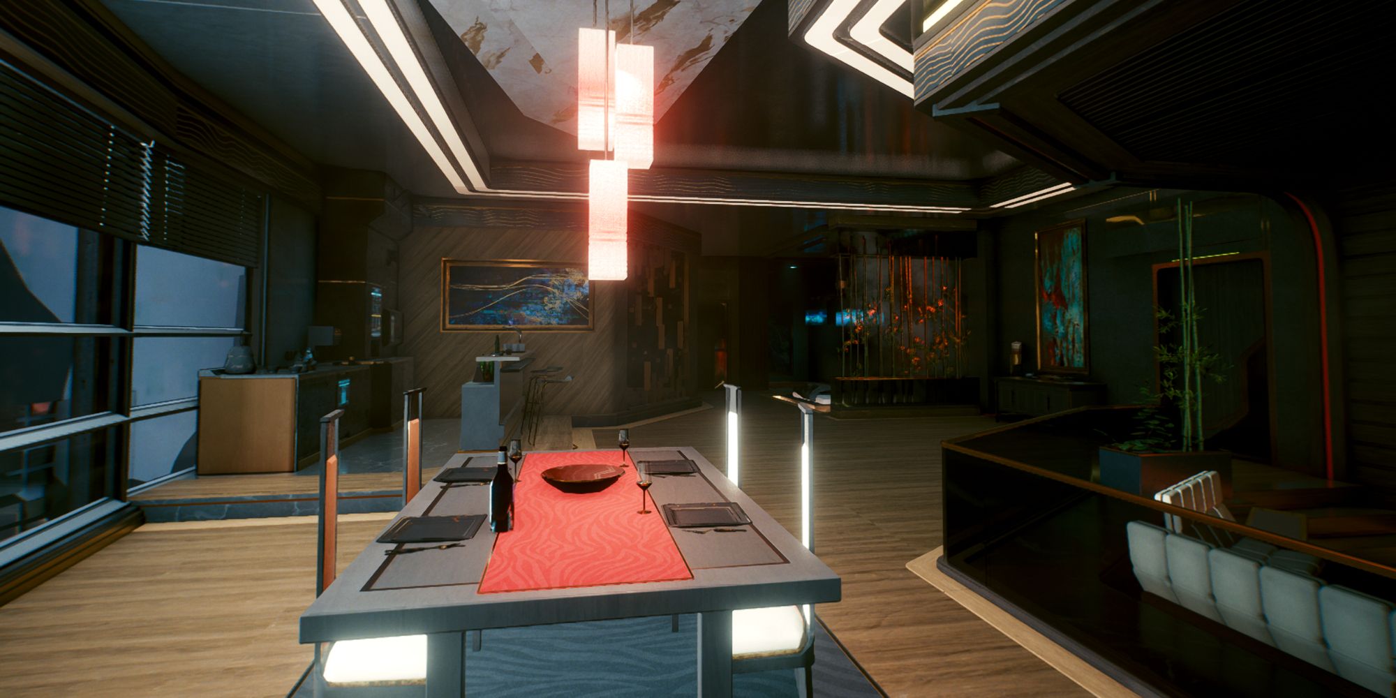 An image from Cyberpunk 2077 of the Corpo Plaza apartment, which is filled with utilitarian furniture and a cool modern aesthetic. 
