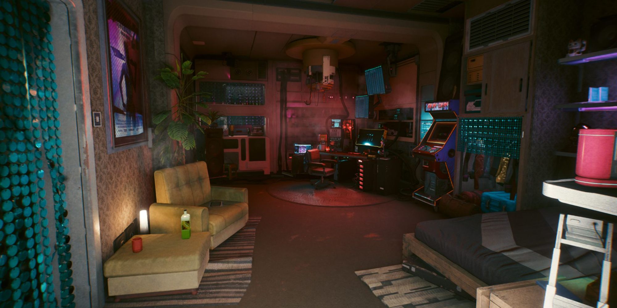 An image from Cyberpunk 2077 of the Northside apartment, a cramped space full of clutter and old furniture. 