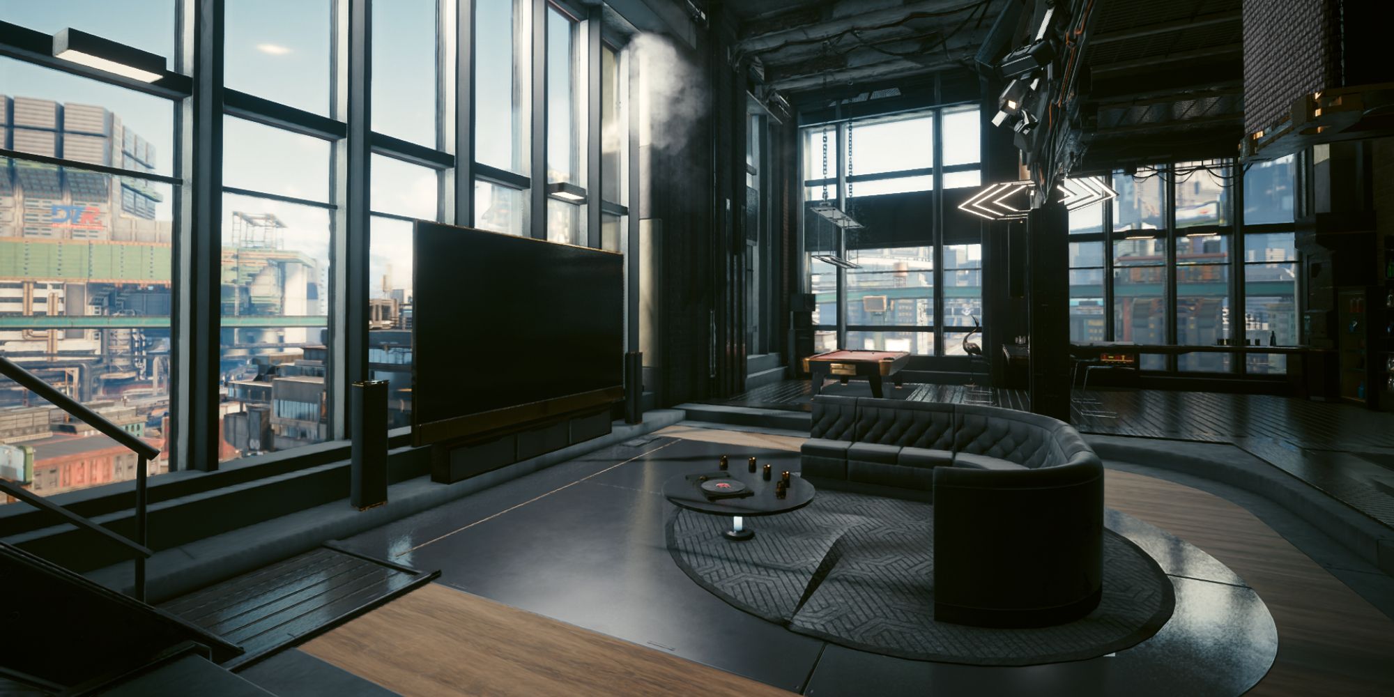 An image from Cyberpunk 2077 of the Glen apartment, which has an industrial aesthetic and wide windows that offer fantastic views of the city. 