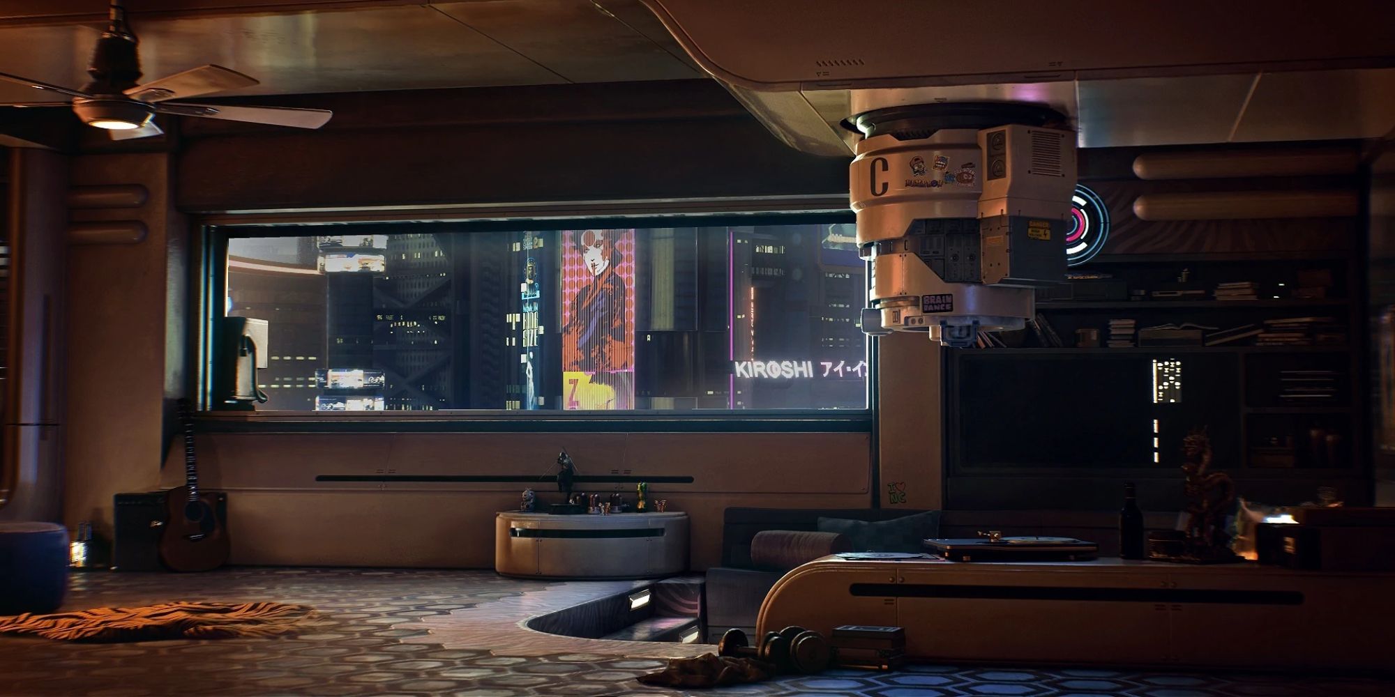 An image from Cyberpunk 2077 of V's apartment, which you immediately unlock at the start of the game and are equipped with everything you need.
