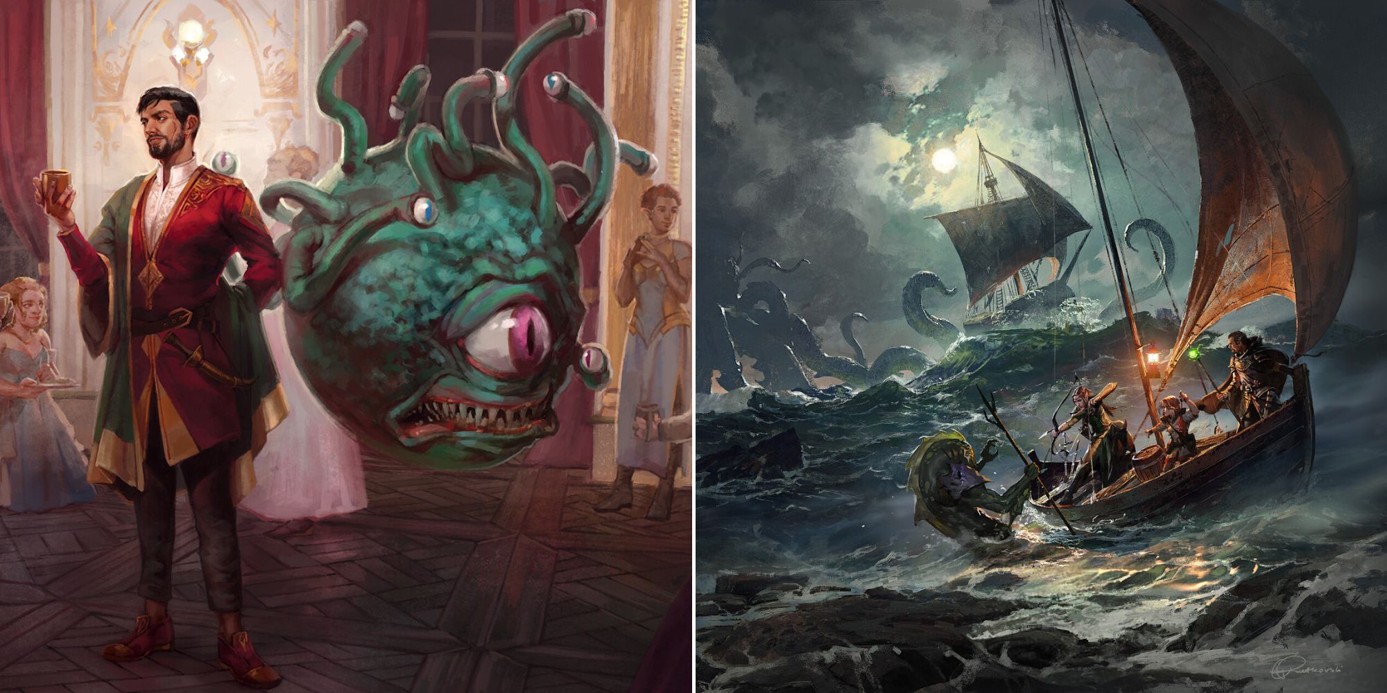 D&D Artwork Of A Beholder At A Party Next To A Bard And Pirate Ships Being Attacked By Sea Beasts.