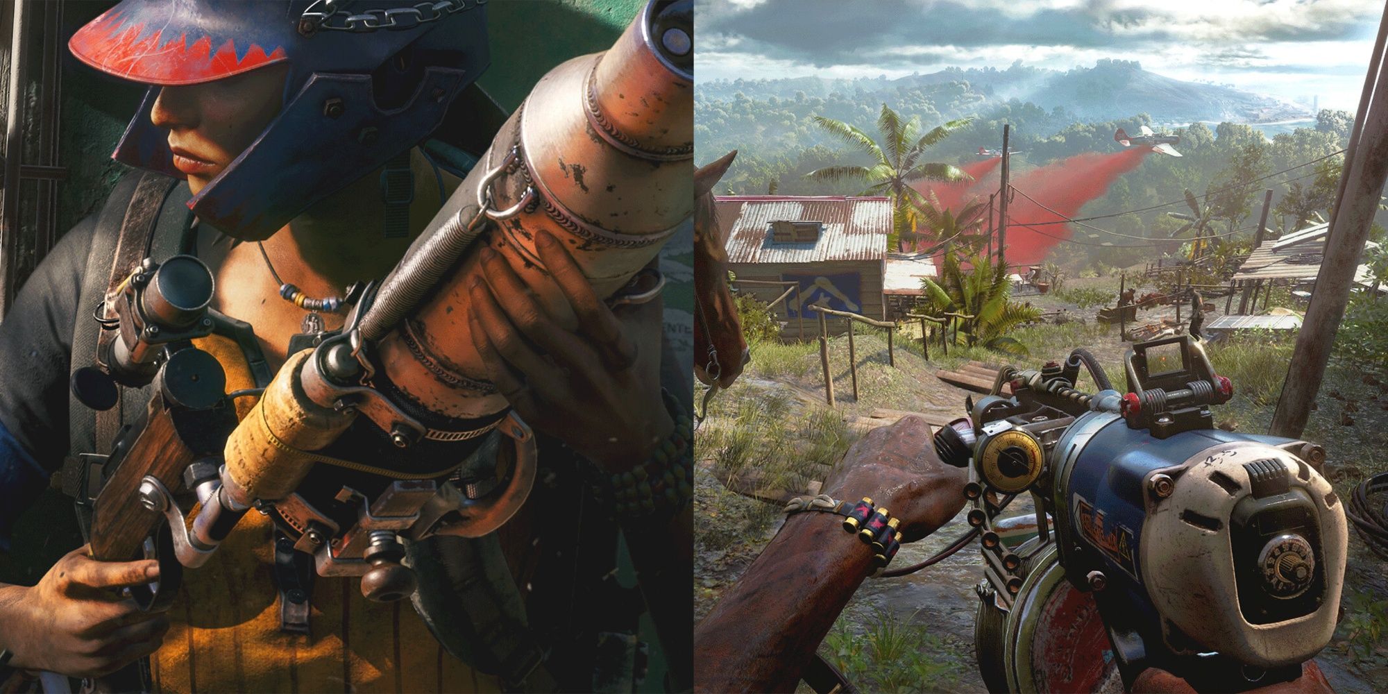 Split image of Dani Rojas holding resolver weapons in far Cry 6