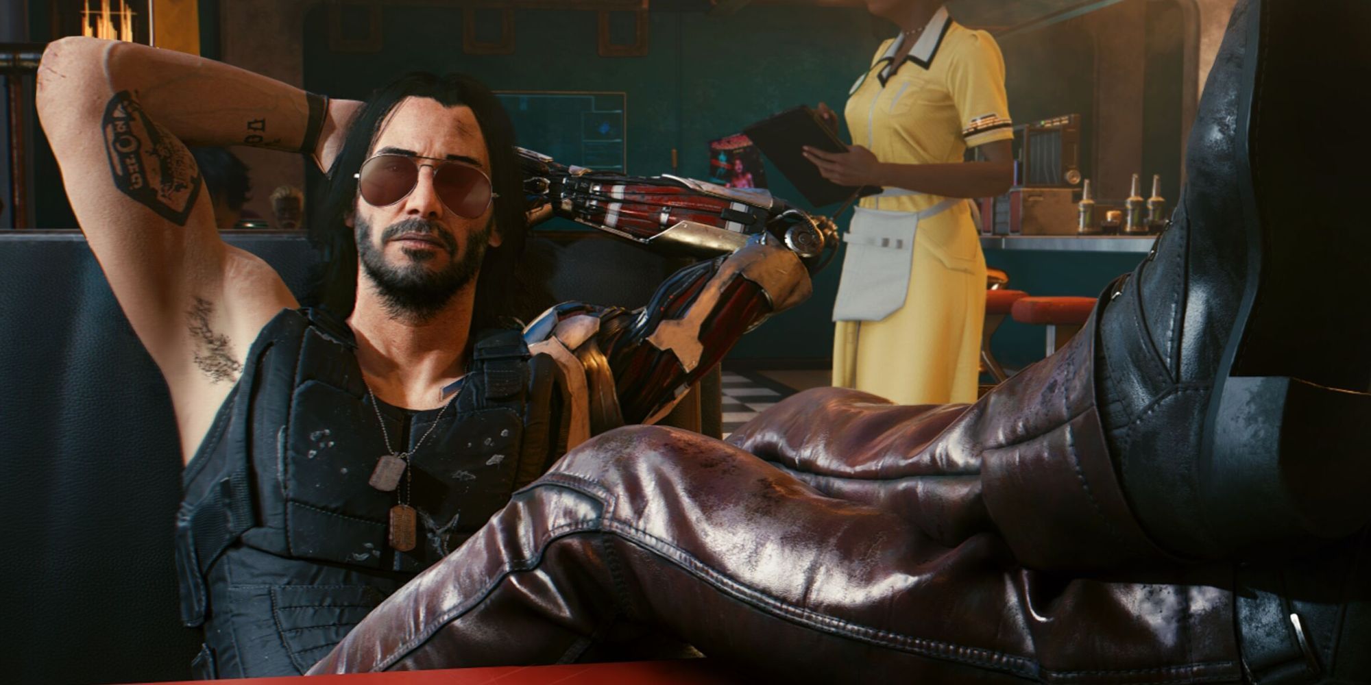 Keanu Reeves sitting with feet propped up in Cyberpunk 2077