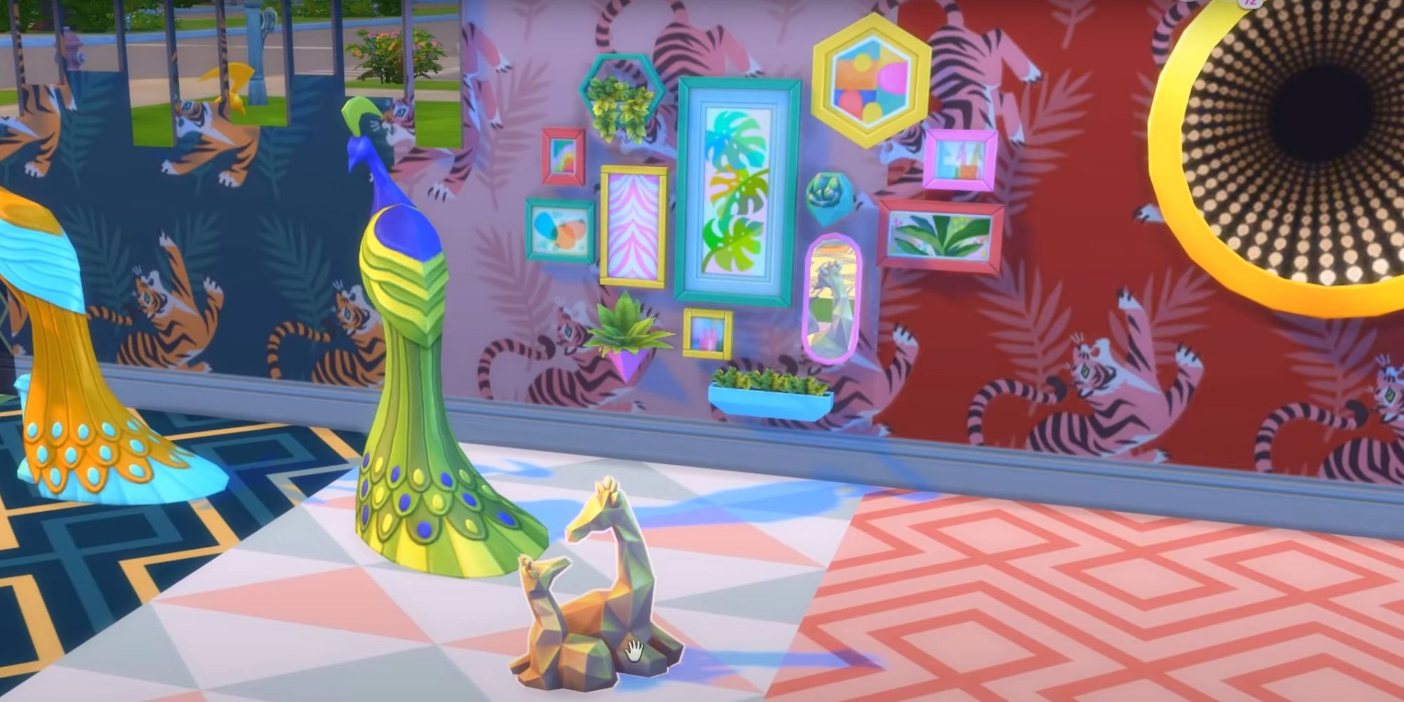 An image of all of the decoration added with the Decor To The Max Kit in The Sims 4. This includes a giraffe and peacock statue, an infinity mirror, a collection of paintings, and a mirror made up of rectangles.