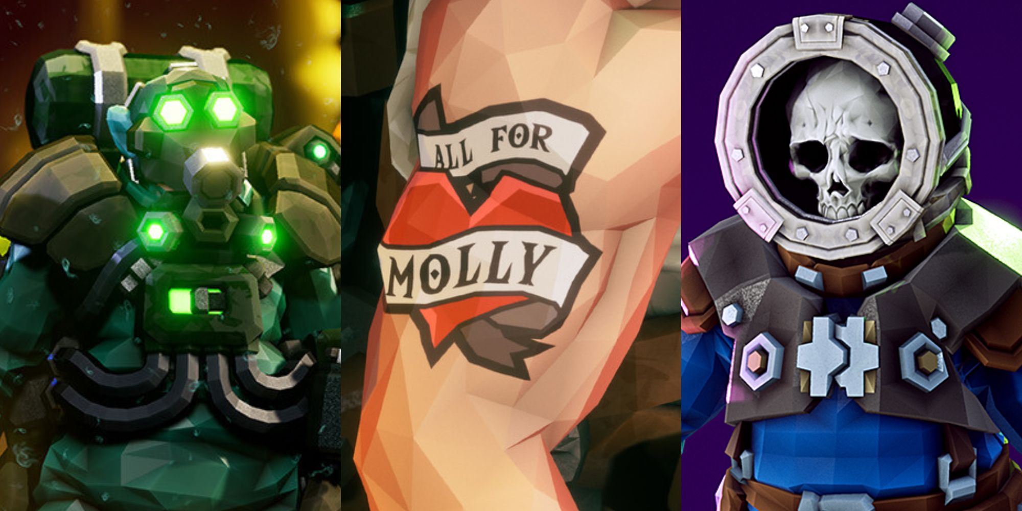 deep rock galactic biohazard driller, molly tattoo, and ghost ship helmet