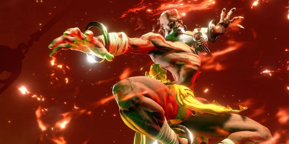 Dhalsim floating in the air surrounded by flames