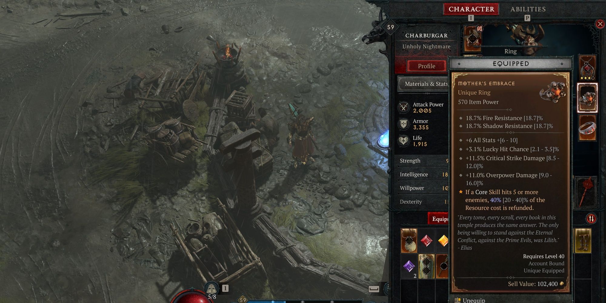 Diablo 4 Ice Shards Sorcerer Using Mother's Embrace Unique Ring