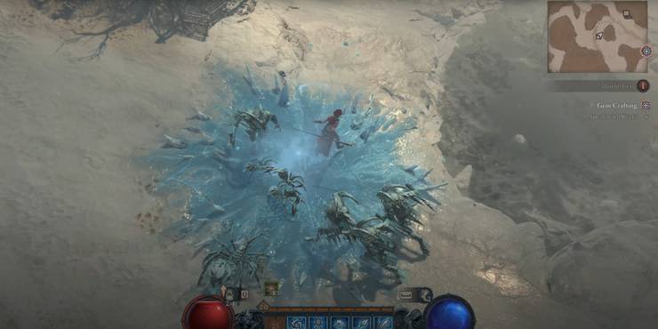 An image from Diablo 4 of a sorcerer using the Shatter key passive, which deals more damage to enemies when they break out of the frozen status effect. 