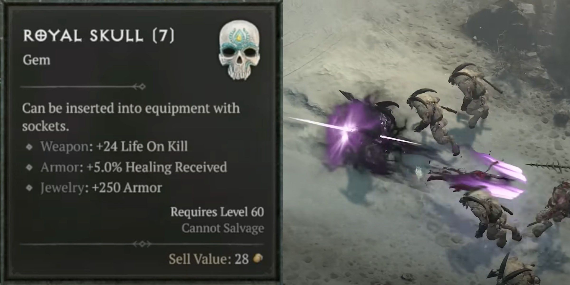 Split images of the skull gem and the rogue fight in Diablo 4