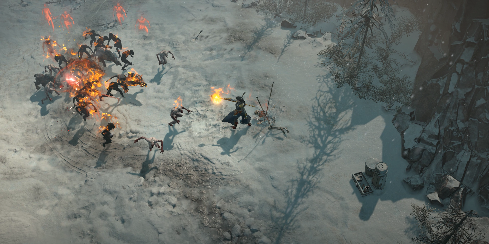 An image from Diablo 4 of the sorcerer using fire skills on a group of ghouls to deal increased critical strike damage.