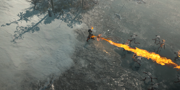 An image of the sorcerer from Diablo 4 using the incinerate skill on Ghouls to stack the burning effect and deal more damage.