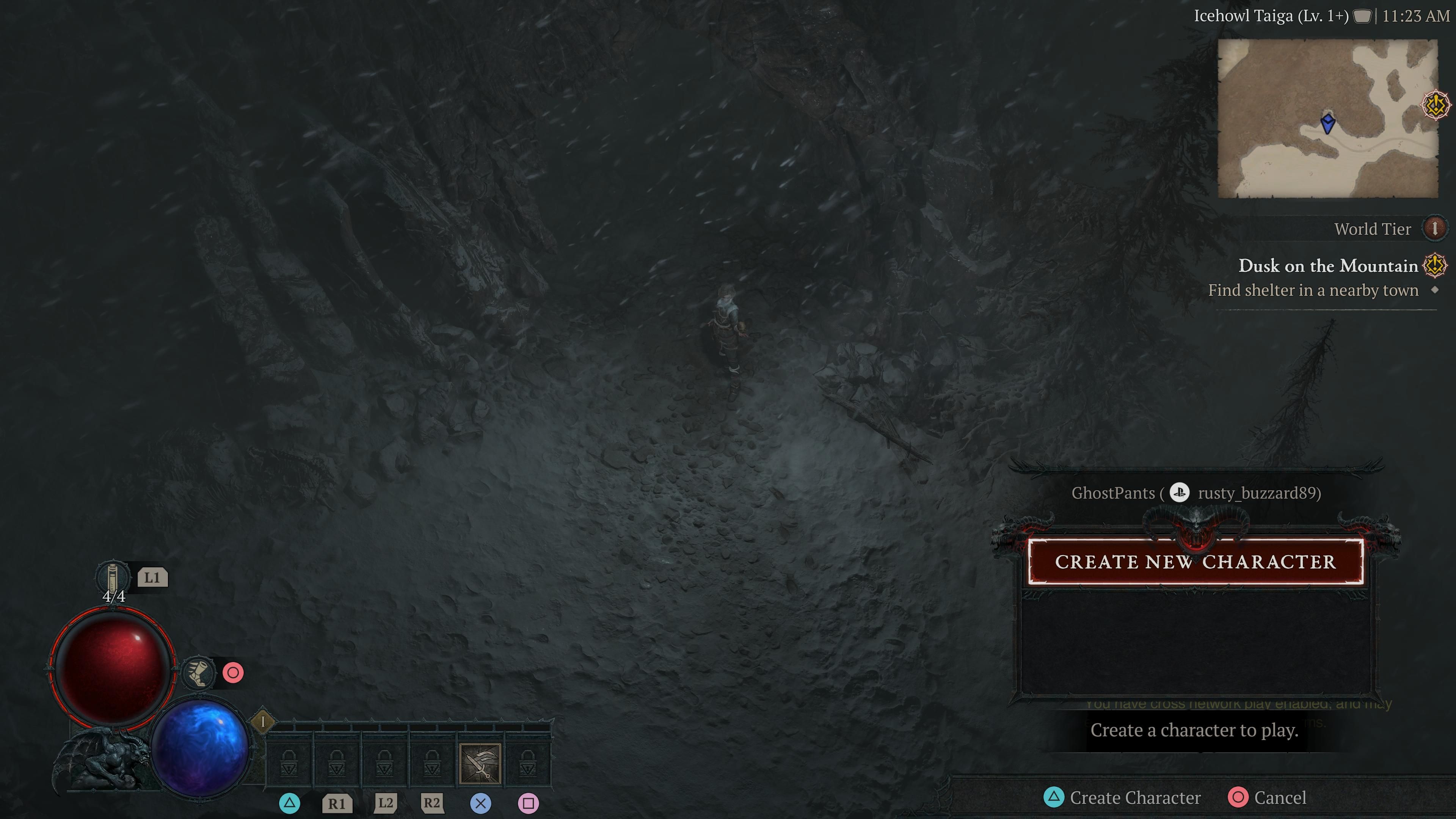 The start of diablo 4, showing the menu in the right where you can have a friend join in split screen