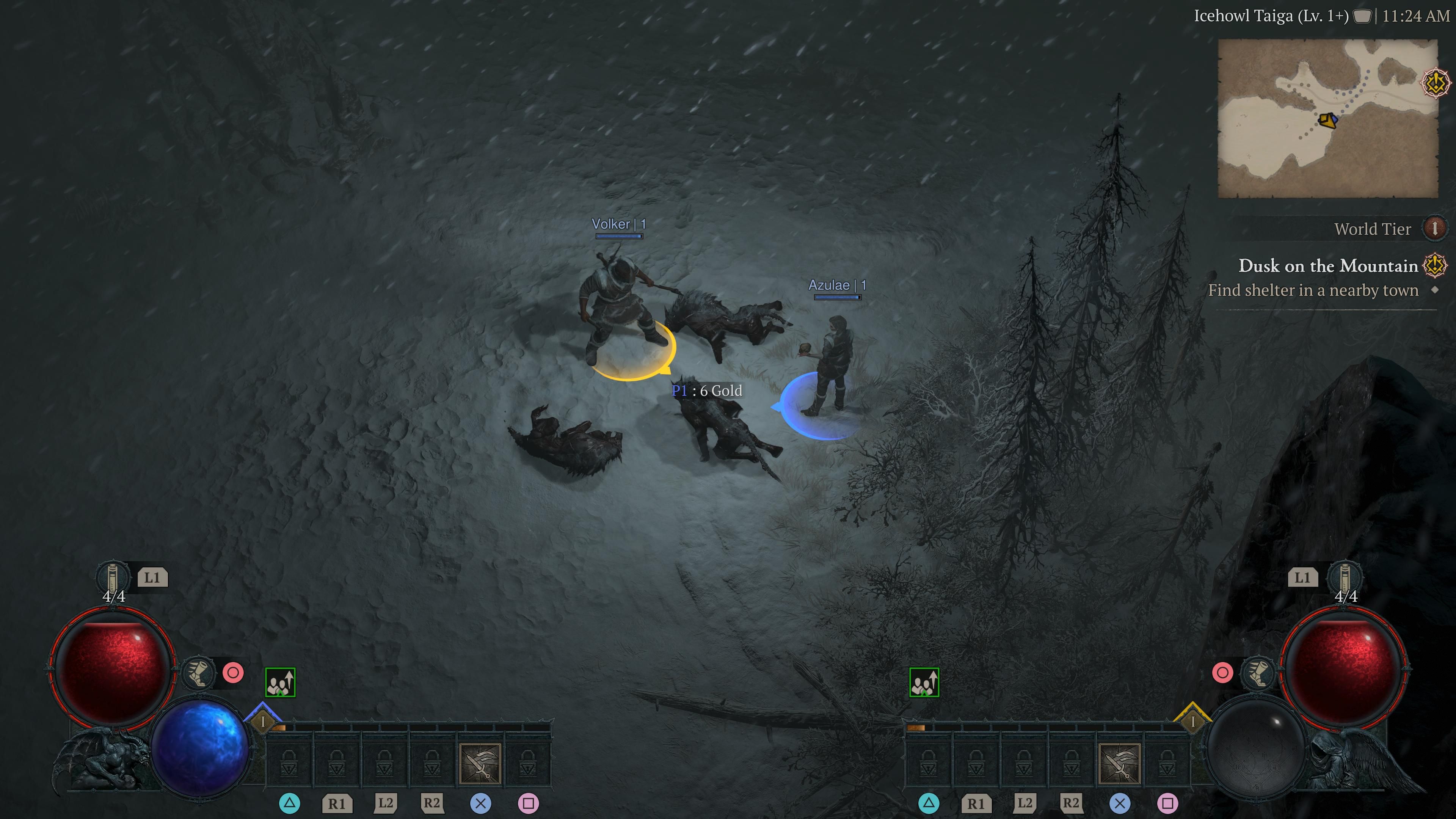 two characters stand over dead wargs in Diablo 4, showing off the couch co-op mode