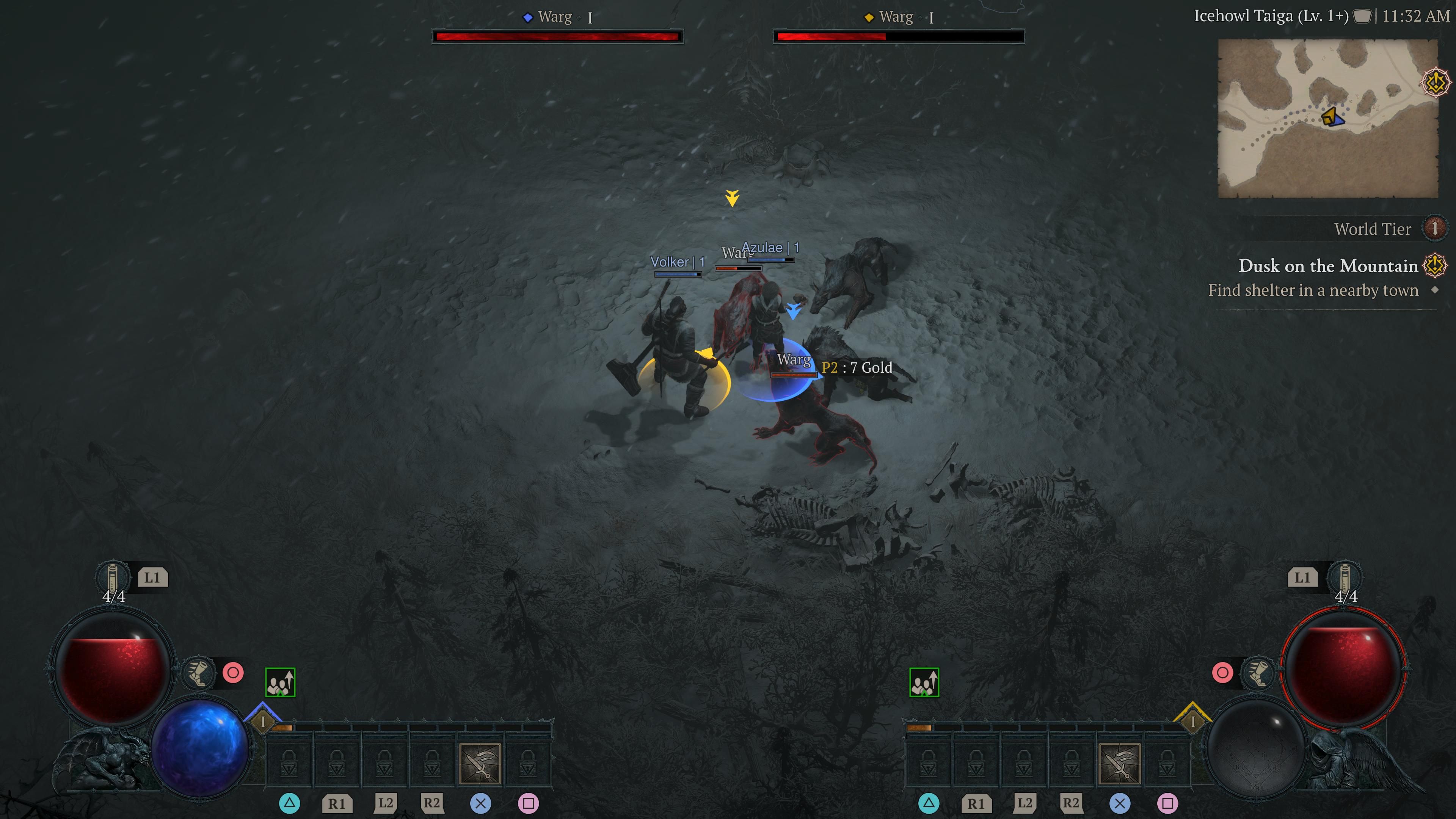 Diablo 4 couch co-op shows two characters fighting a mob of enemies