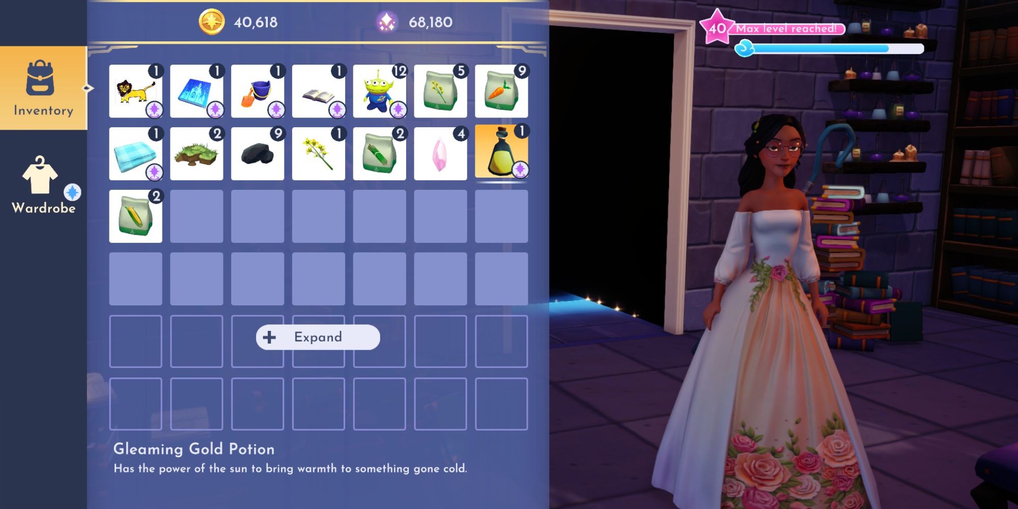 Disney Dreamlight Valley Player inventory above the glittering golden potion