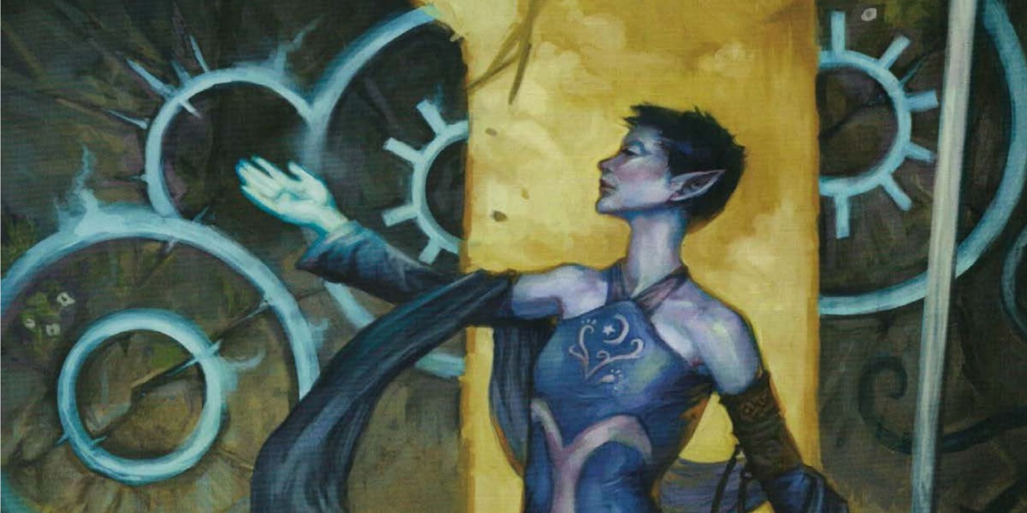 Dungeons and Dragons elven mage raising her hand as it glows with blue with symbols in the background