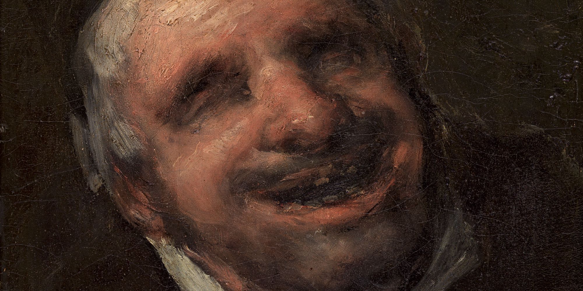 a close up painting of a smiling mans face with blurred features 