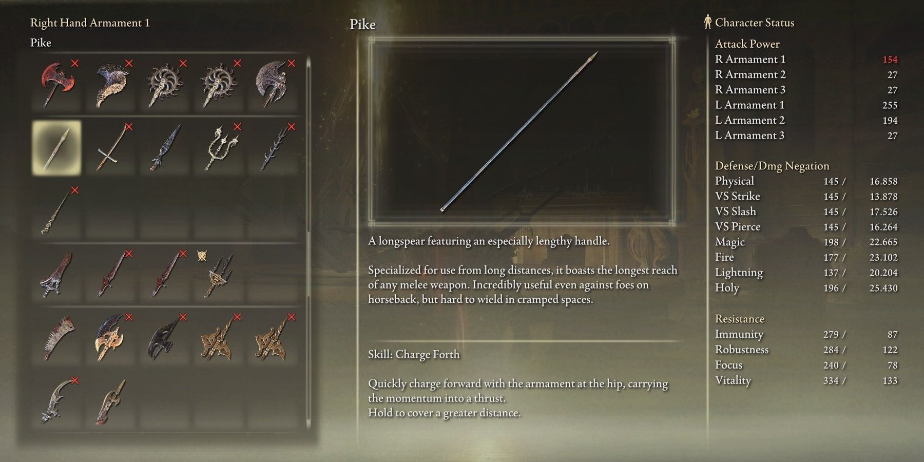 The Pike spear and its stats in the menu in Elden Ring.