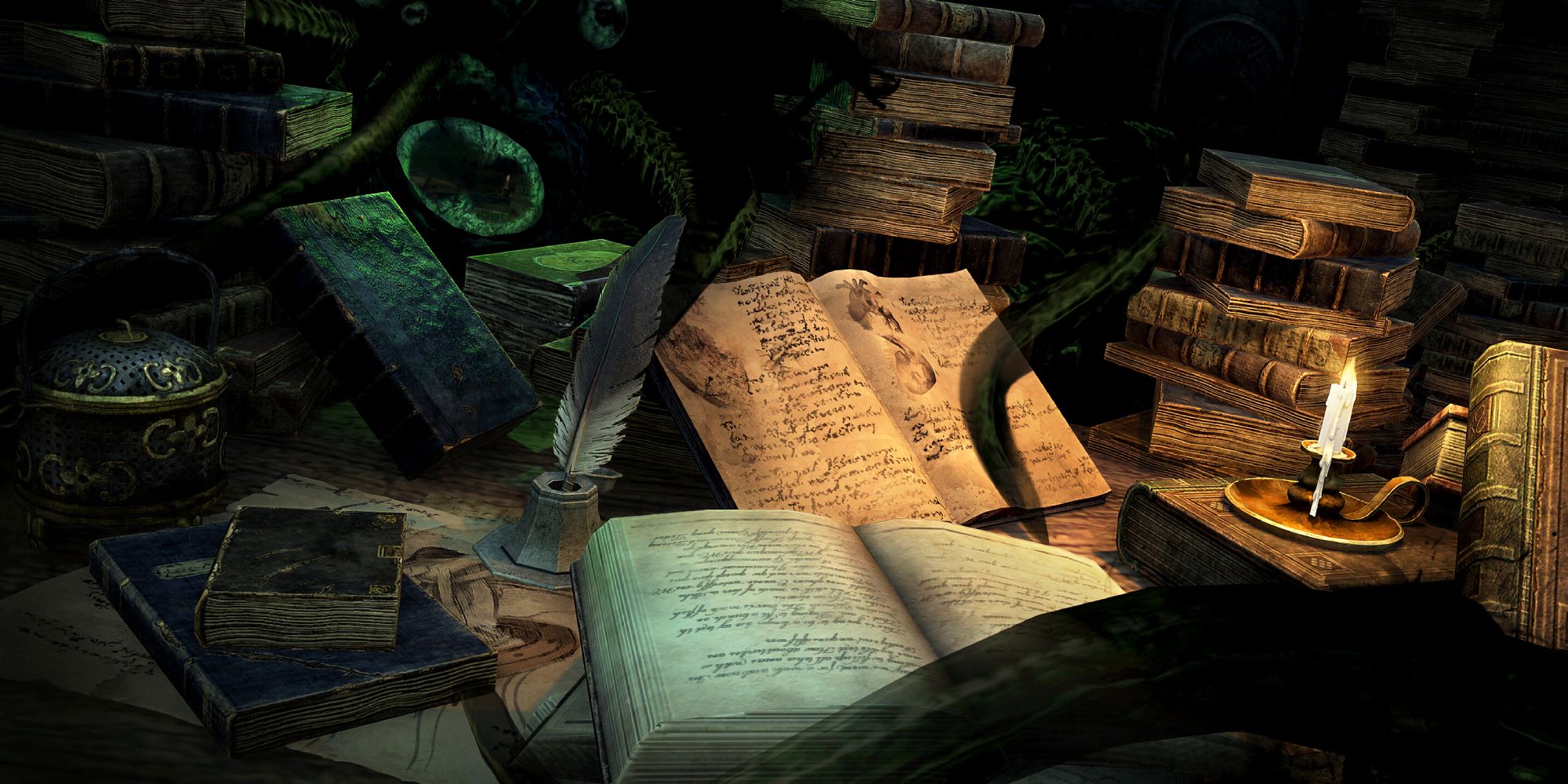 Eldritch tentacles lurk around a pile of books in The Elder Scrolls Online: Necrom.