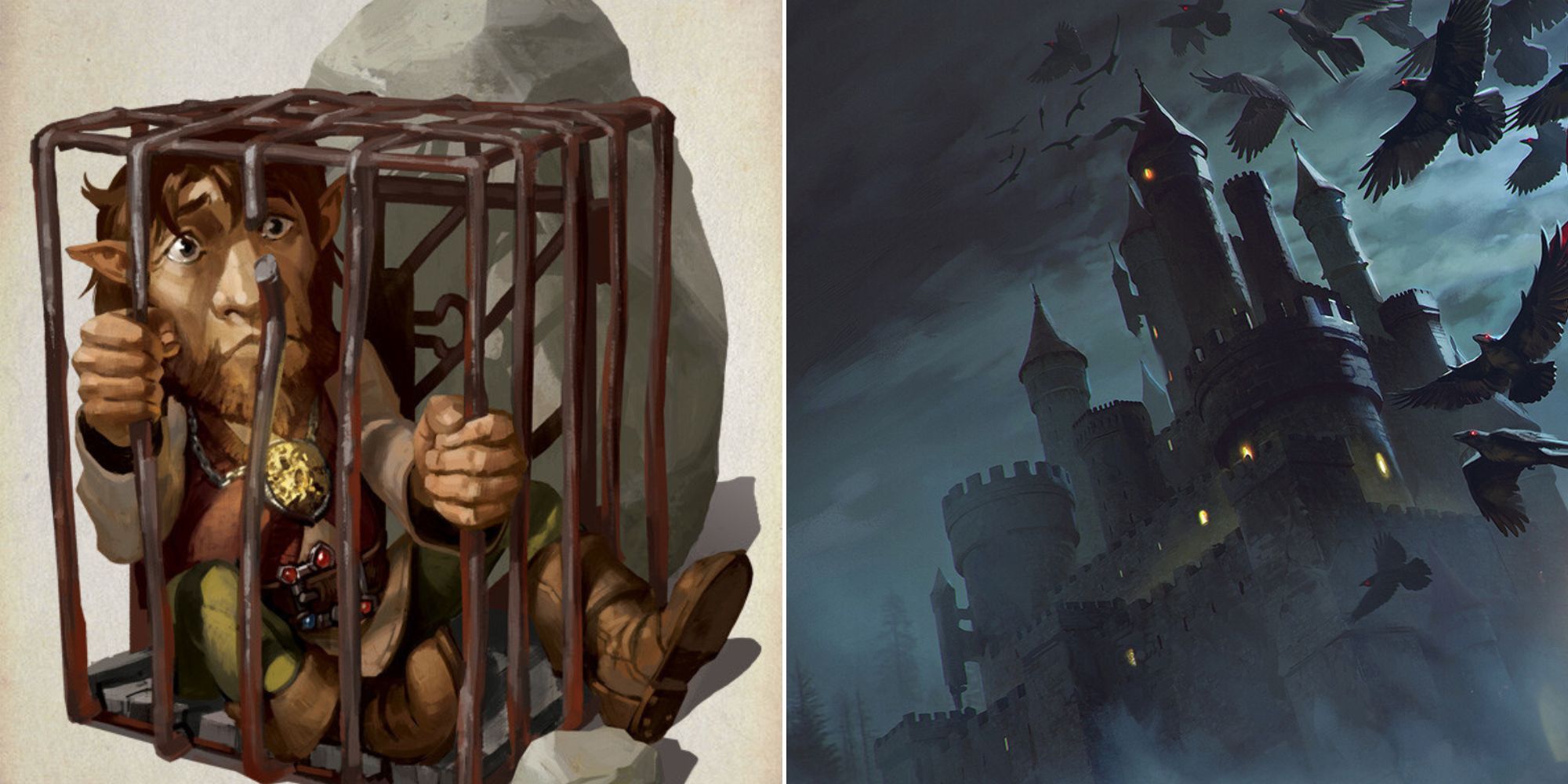 D&D Artwork of Erky Timbers trapped in a cage - Castle Ravenloft with ravens fying past