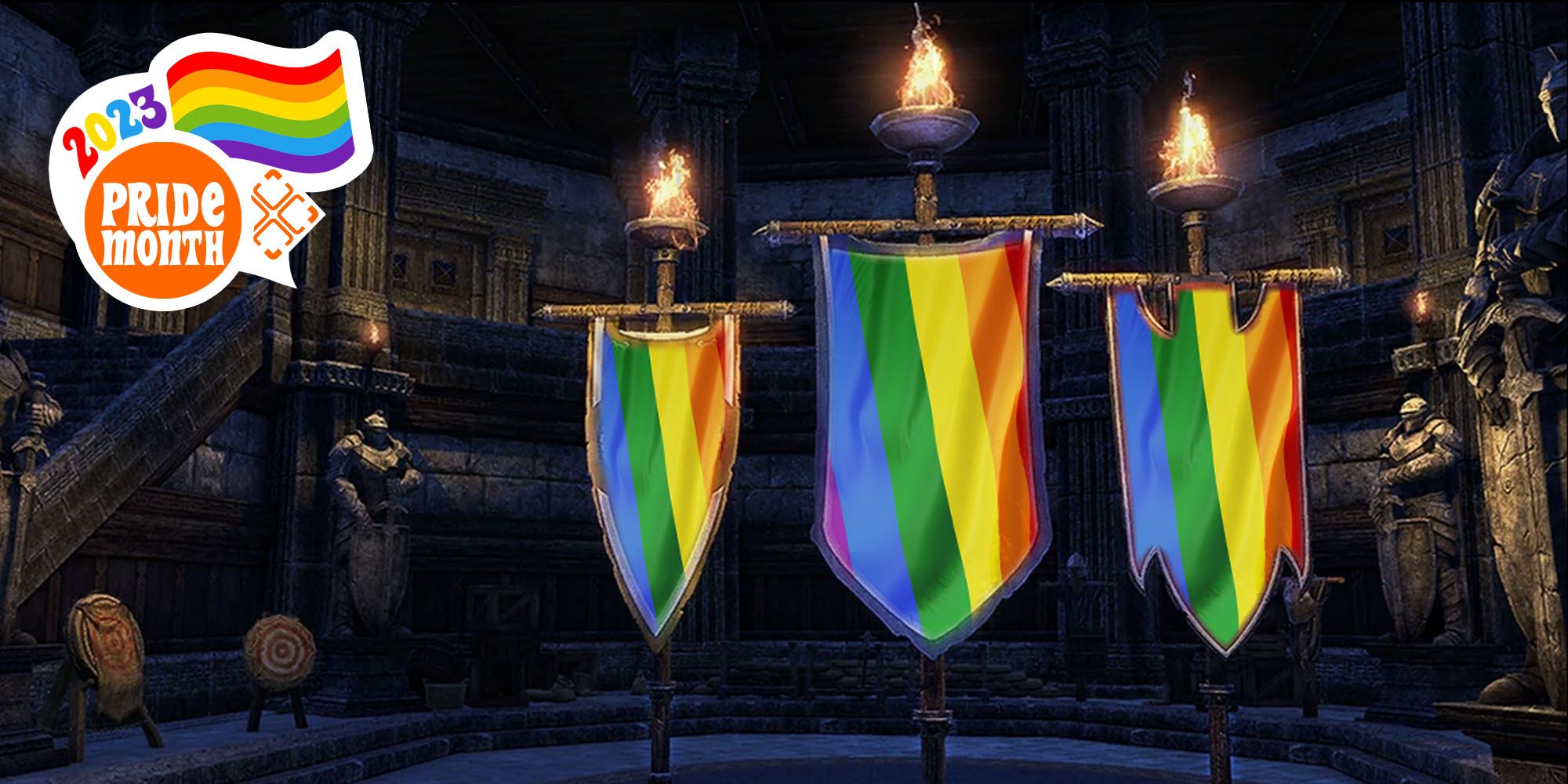 The Elder Scrolls Online alliance flags with LGBTQ+ flags on top and a 'Pride Month' sticker in the top left