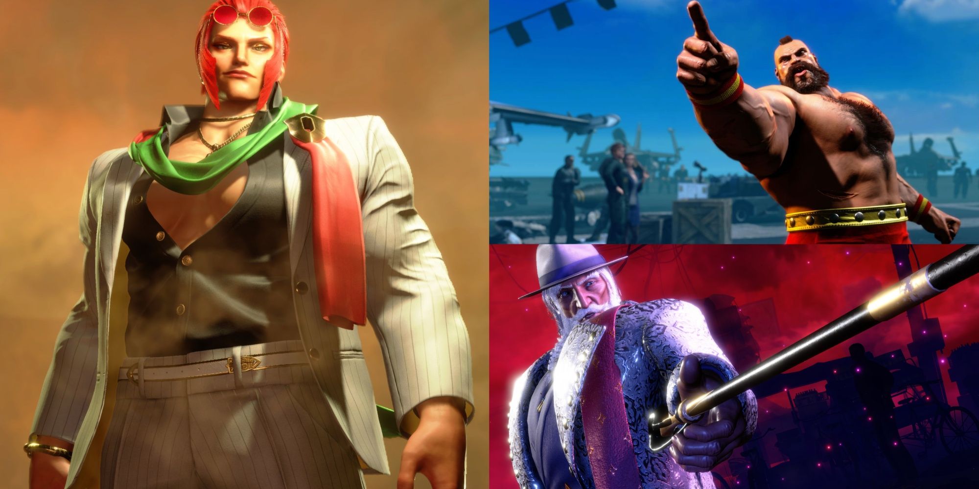 A collage of images showcasing Marisa, Zangief, and JP in their Alternate Outfits in Street Fighter 6