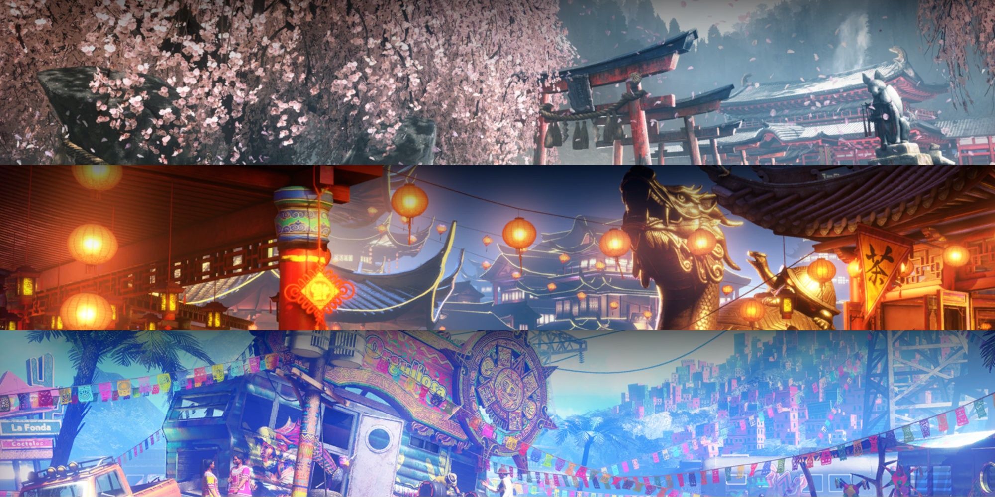 An collage of images showcasing some of the Stages you can fight in in Street Fighter 6. From top to bottom, they are as follows: Genbu Temple, Tian Hong Yuan, Thunderfoot Settlement
