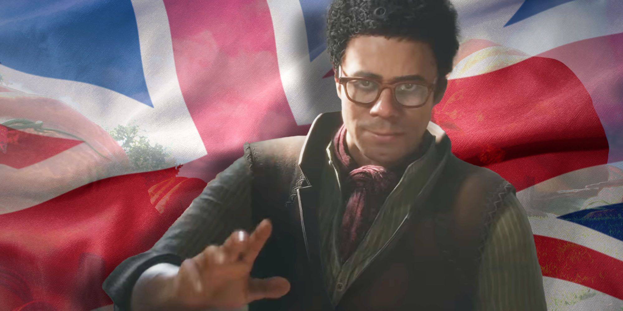 Fable 4 Richard Ayoade character with British flag behind him