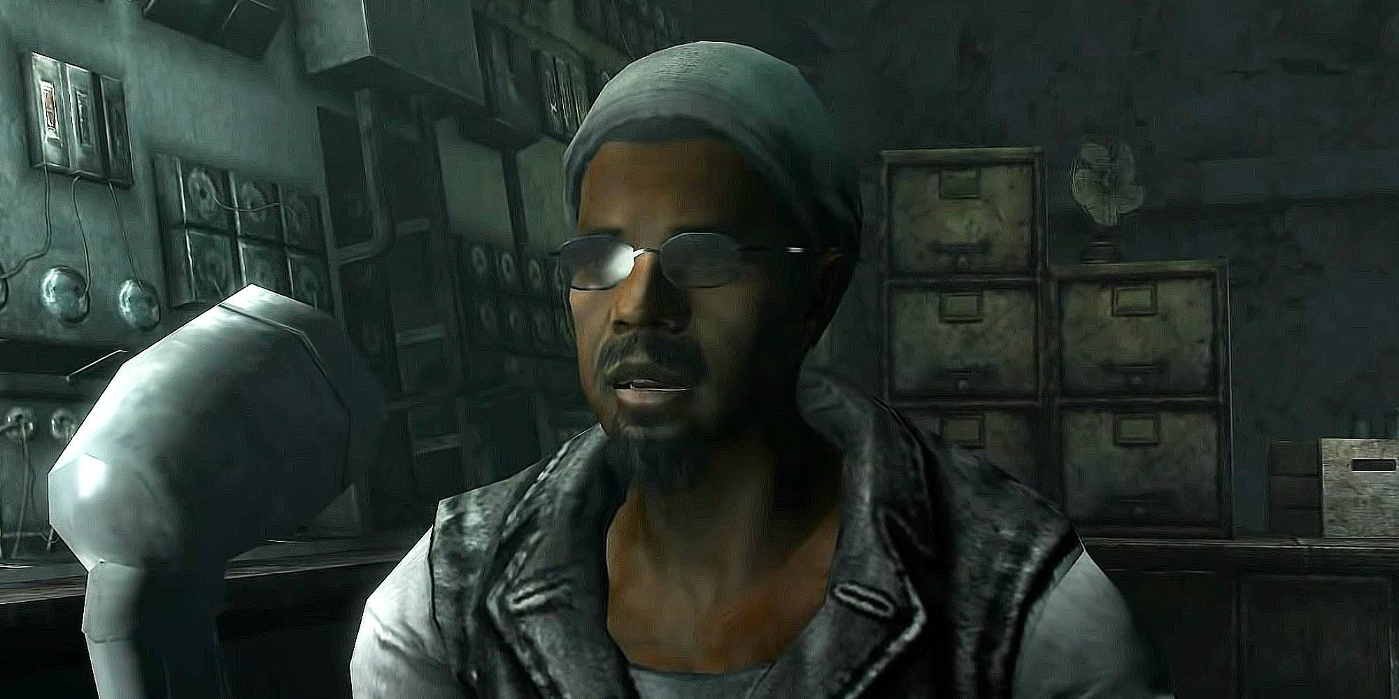 Three Dogg from Fallout 3 is sitting on a radio station