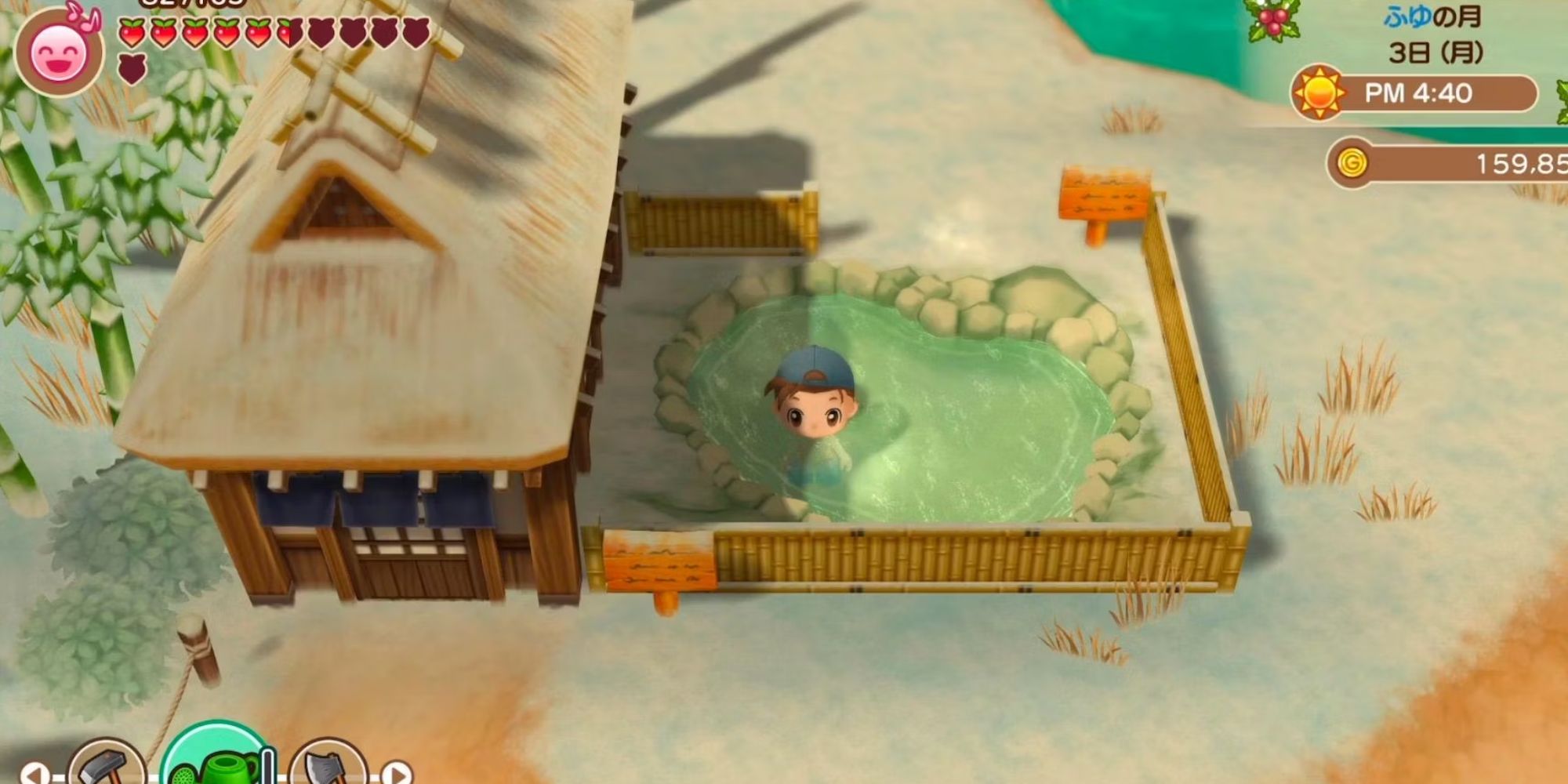 Farmer in the hot spring in Story of Seasons Friends of Mineral Town