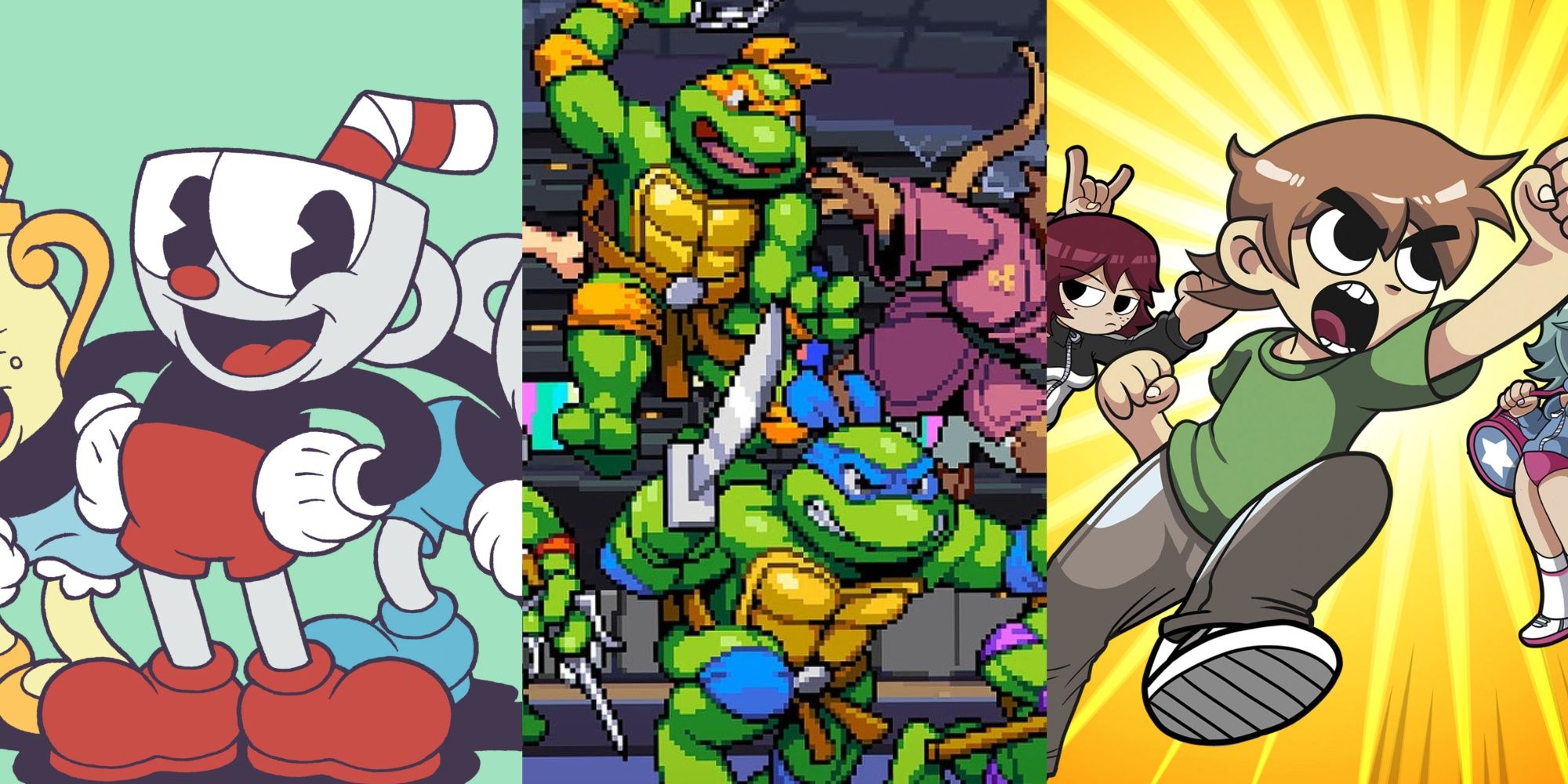 A collage showing Cuphead, TMNT, and Scott Pilgrim.