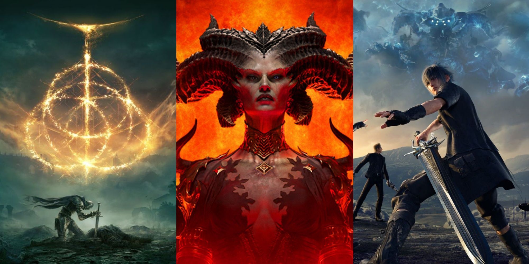 Split image screenshots of official cover art for Elden Ring, Diablo 4, and Final Fantasy 15.