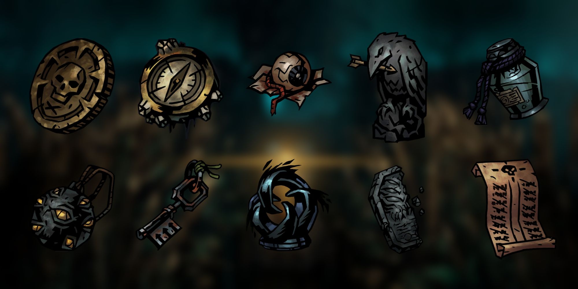 Sprites of 10 different trinkets from Darkest Dungeon 2 on a blurred background