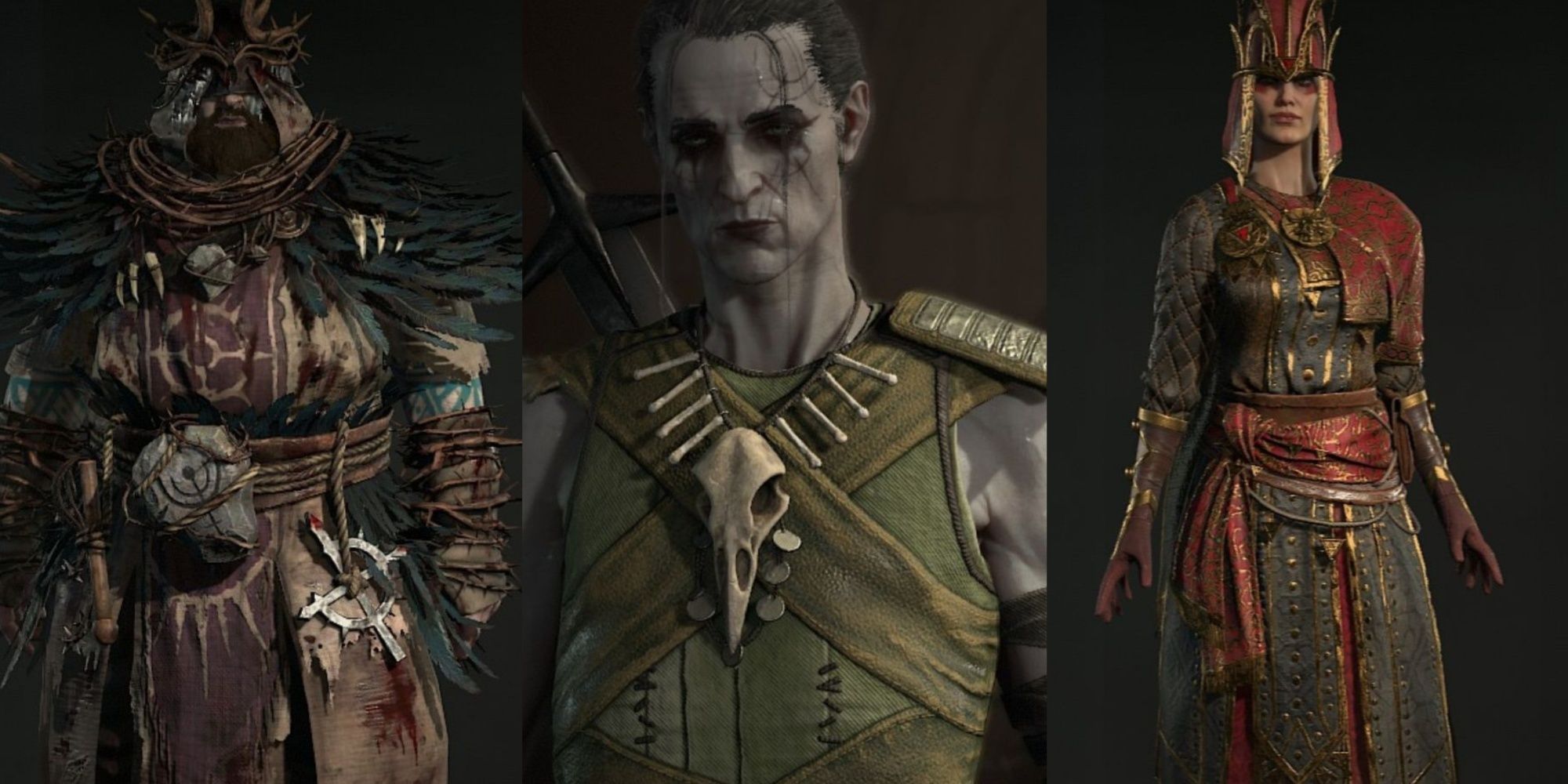 Split images of a Druid, Necromancer, and Sorcerer in Diablo 4.