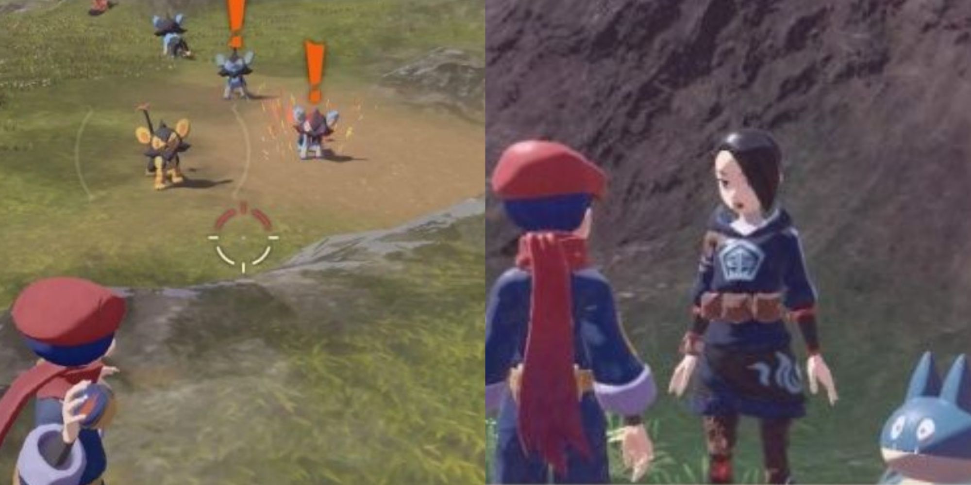 Split image of the male player character in Pokemon Legends Arceus throwing Pokemons at Luxio and speaking to Mei and Munchlax.